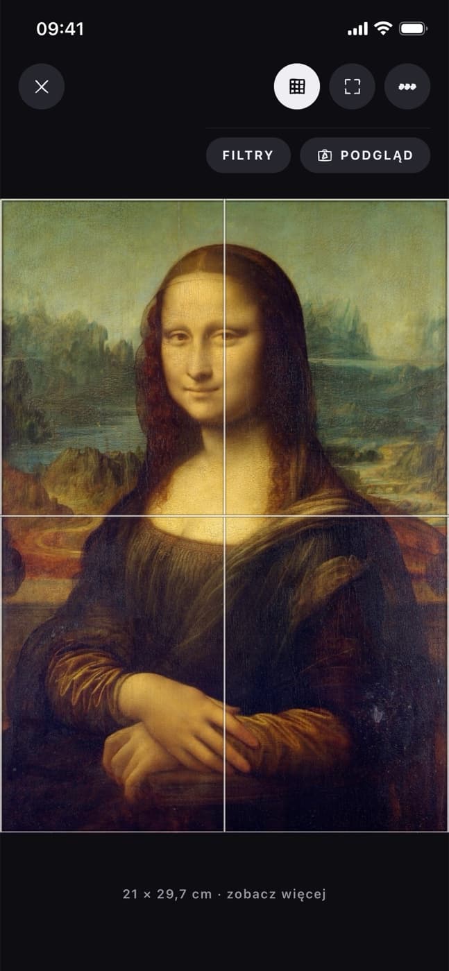 Tryb rysowania w ArtGride - Mona Lisa z nałożoną siatką